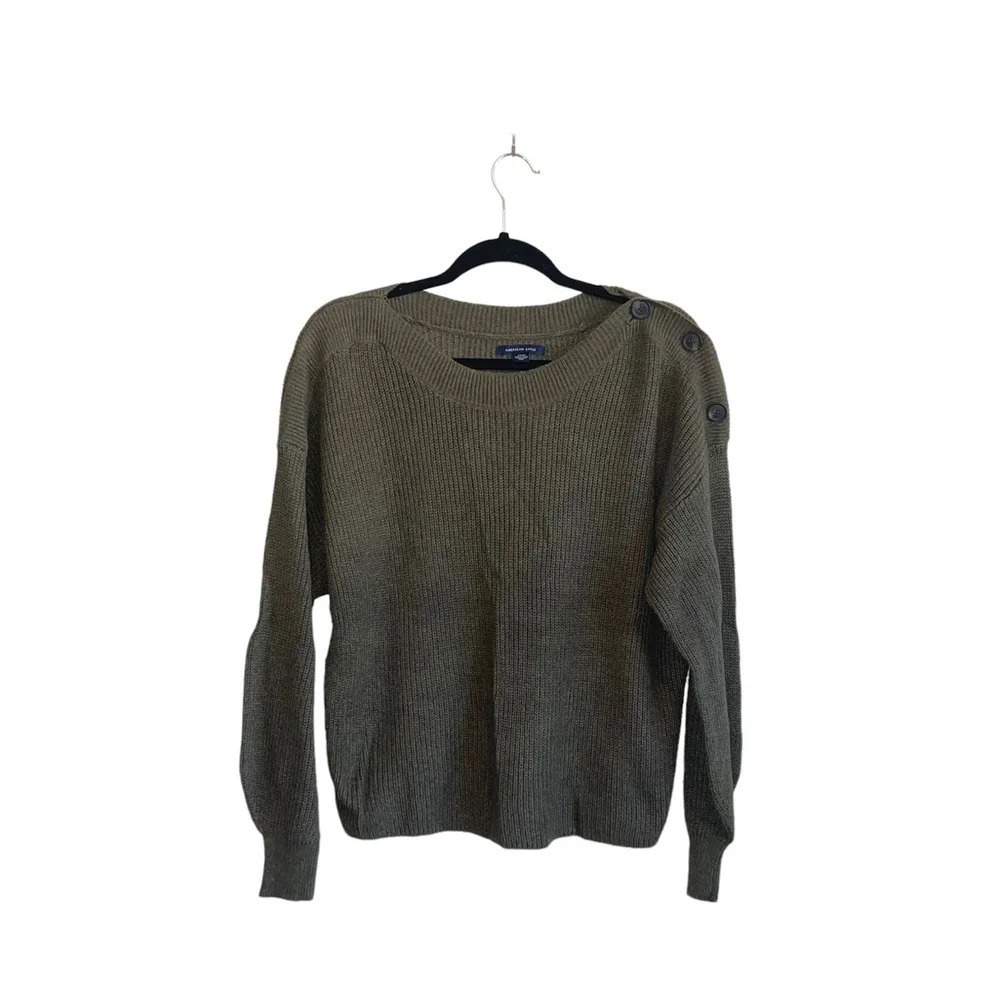 American Eagle Boatneck Sweater Olive Green Button Shoulder Knit Small Women’s